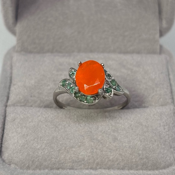 Jewelry - 925 Sterling Silver Orange Opal & Emerald Ring, size 8